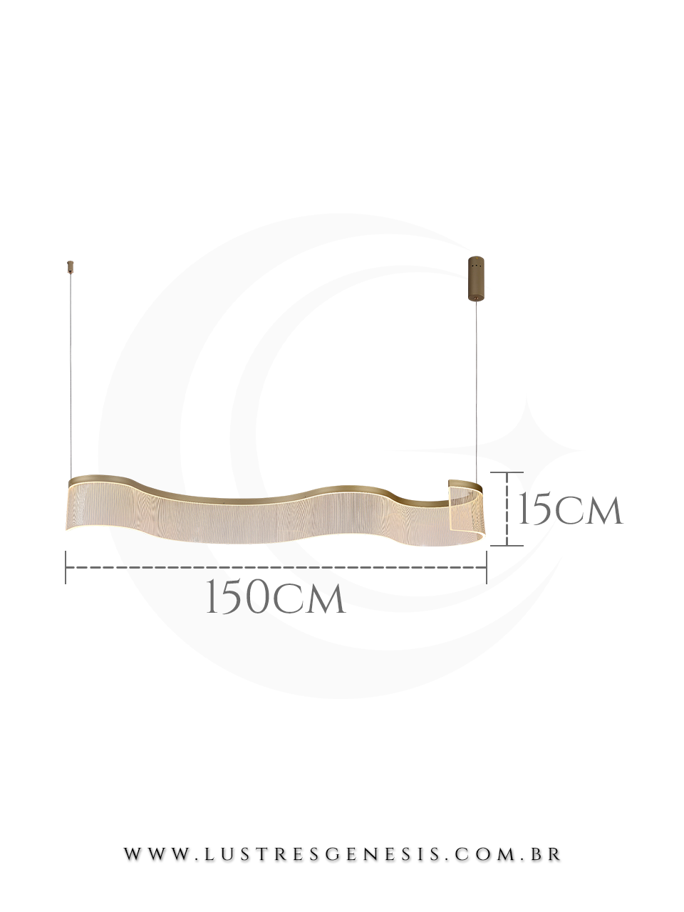 Lustre pendente moderno de LED dourado Vicent de 150cm, com design ondulado, ideal para sala de jantar, escrit&oacute;rios, apartamentos e sala de estar.